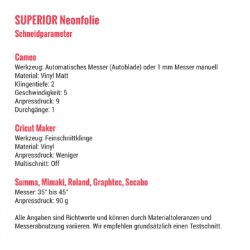 Schneidparameter superior neonfolie